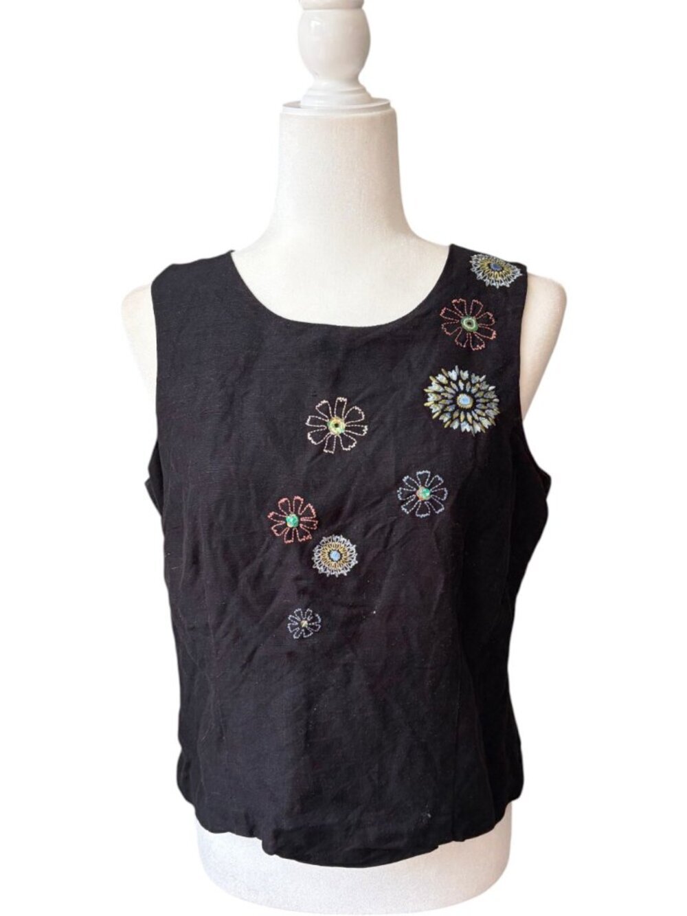 Vintage 90s Embroidered Floral Linen Tank Top Black Sleeveless Blouse Size 10 - Picture 9 of 10